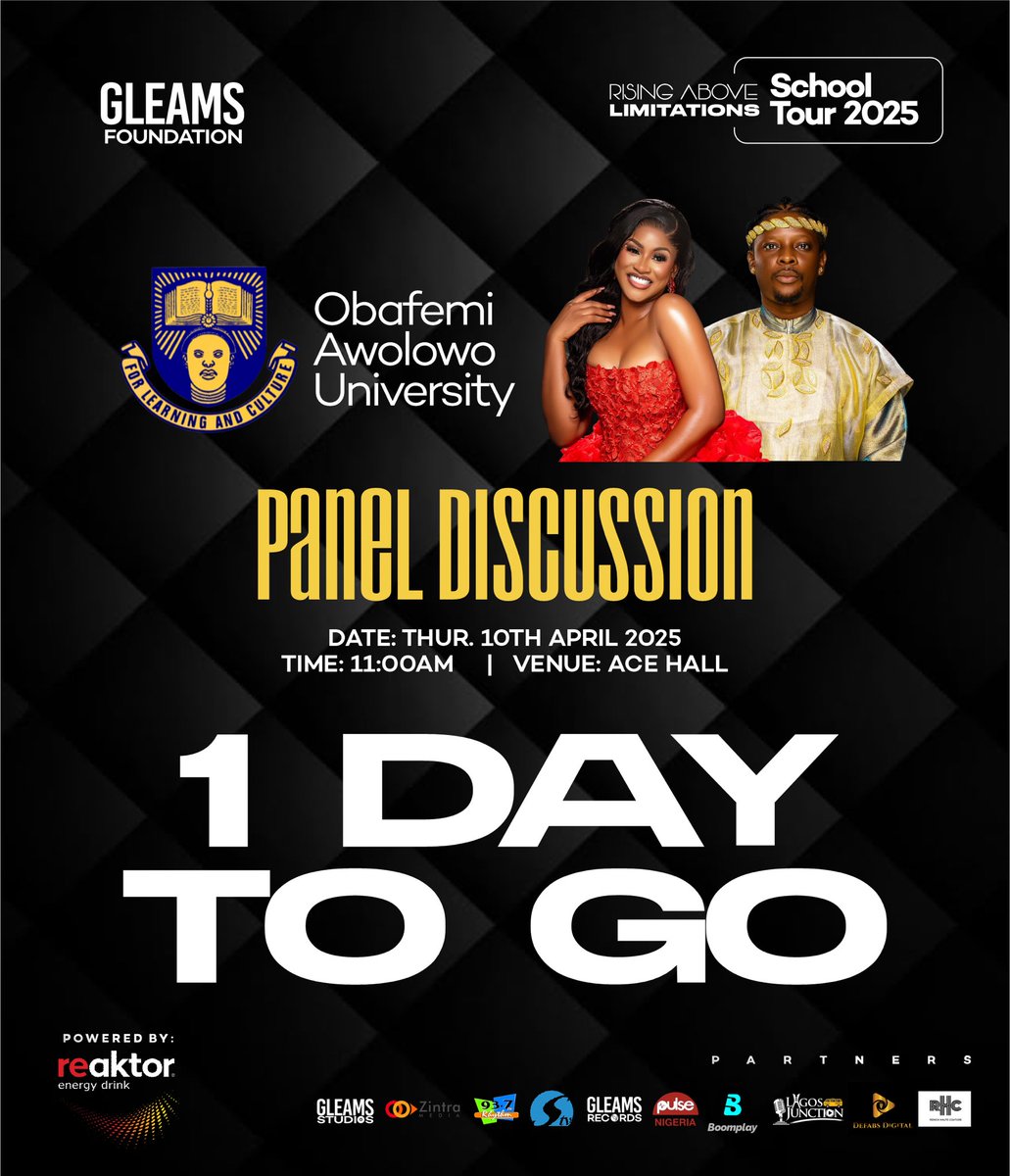 gleamsFDN's tweet photo. OAU, it’s almost time!
Panel discussion goes down TOMORROW at 11AM, ACE Hall.
Come ready to vibe, learn & turn up!
#1DayToGo #GleamsFoundation #OAU #reaktor https://t.co/Gk8PzIgewi