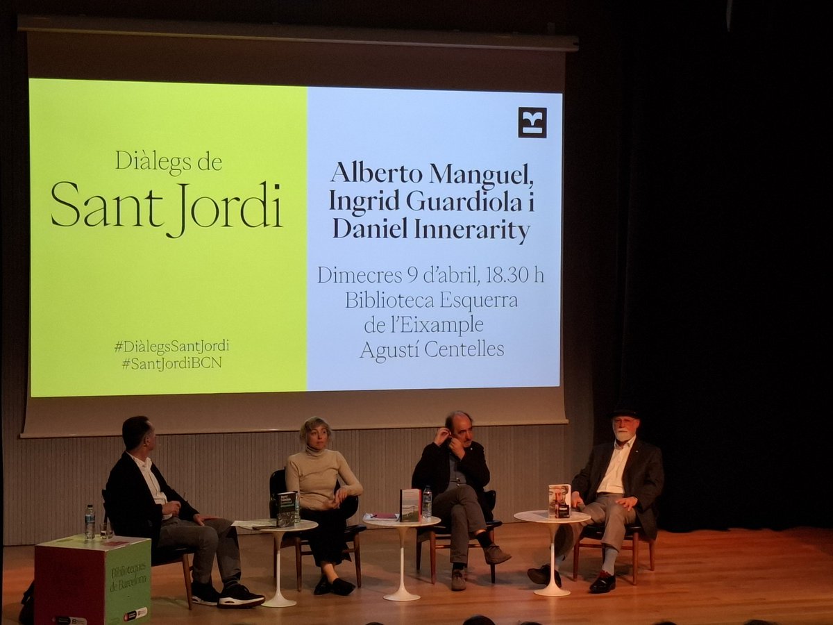 Un any més Diàlegs de Sant Jordi, trobades organitzades per les Biblioteques de Barcelona. Avui Alberto Manguel, Ingrid Guardiola i Daniel Innerarity, conversant sobre la reflexivitat, la lectura, la democràcia, els protocols...   bcn_eixample