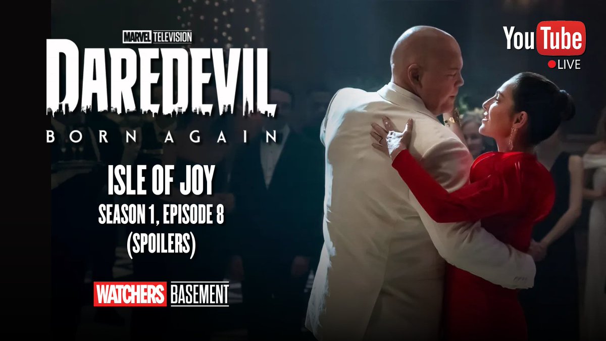 WatchBasement's tweet photo. Matt Murdock and Wilson Fisk meet again in the shocking final moments of this penultimate episode. Join us TONIGHT at 7:30 p.m. CT as we discuss “Isle of Joy,” the eighth episode of the Disney+ series Daredevil: Born Again. #DaredevilBornAgain 

https://t.co/pMsXrRMzrl https://t.co/Va4XkGqhkQ