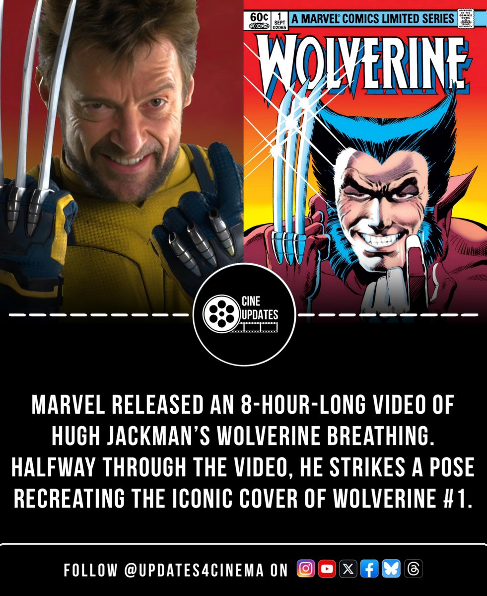 Updates4Cinema's tweet photo. Marvel released an 8-hour-long video of Hugh Jackman’s Wolverine breathing.

Halfway through, he strikes a pose recreating the iconic cover of WOLVERINE #1.
#Wolverine #HughJackman #Marvel #MCU #XMen #Wolverine1 https://t.co/ccFGPMZGZM