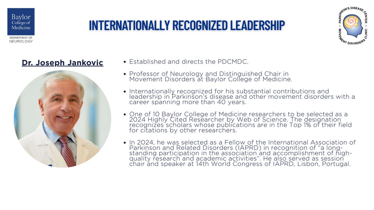 <a href="/PDCMDC/">PDCMDC</a> Dr. Joseph Jankovic (<a href="/JankovicJoseph/">Joseph Jankovic</a>) established the center over 40 years ago. 

His leadership has made the <a href="/PDCMDC/">PDCMDC</a> one of the world's leading clinical and research institutions with primary focus on Parkinson's disease.