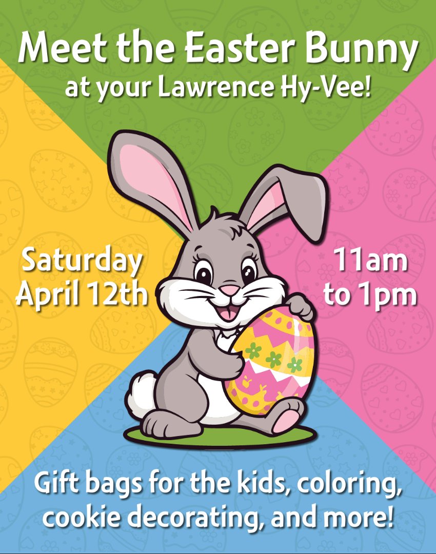 The Easter Bunny will be at your Lawrence Hy-Vee this Saturday, April 12th, from 11am-1pm! 🧺🐰