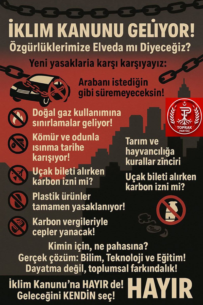 Tüm ülkenin gözleri önünde,ülkenin meclisinde onaylanan ihanete hep birlikte tanıklık ettik. Bu ihaneti unutma ! Meclis ülkenin menfaatlerini savunmuyor,iradesini yansıtmıyor. Bu düpedüz bir işgal. 
#iklimtasmasınahayır 
Topraklarına sahip çık. 
Toprak Partisi