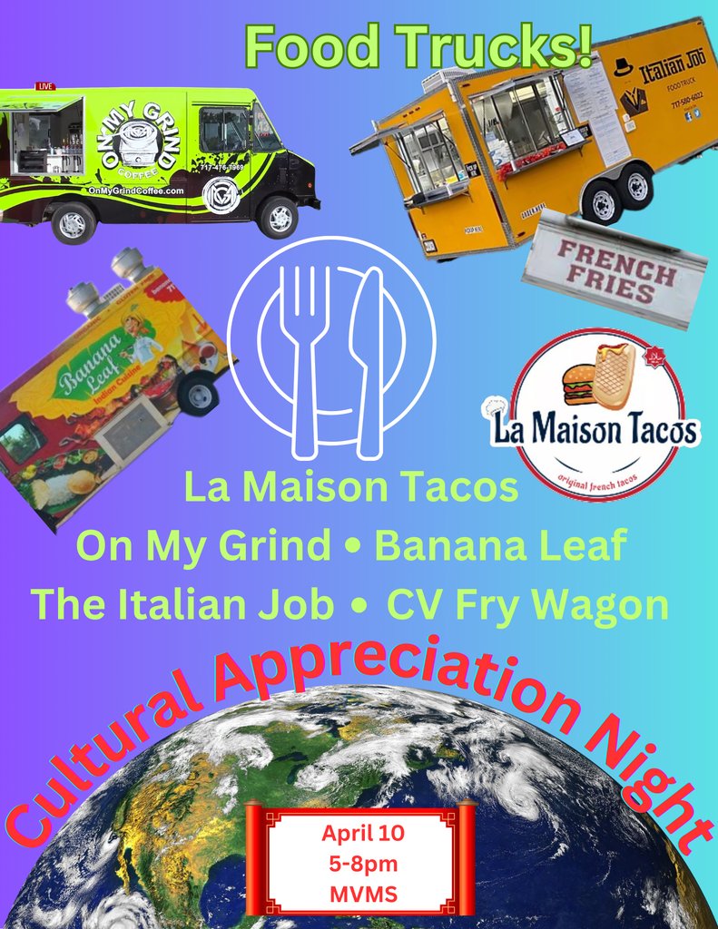 Cultural Appreciation Night is Thursday April 10th from 5-8pm at Mountain View!  Join us for live performances, food trucks, basket raffle, and hosts of 25 different cultures/countries.