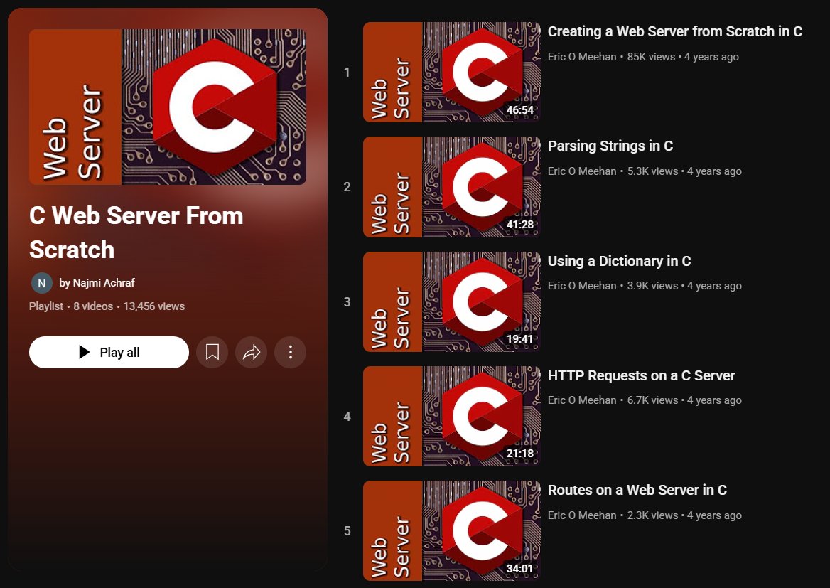 RuiCarrilho5's tweet photo. Here's C Web Server From Scratch! This playlist shows you how to build a web server from the ground up. While C isn't usually the choice for this, you can learn a lot about how a server works from watching these. Have fun! https://t.co/3zDvjndHMi