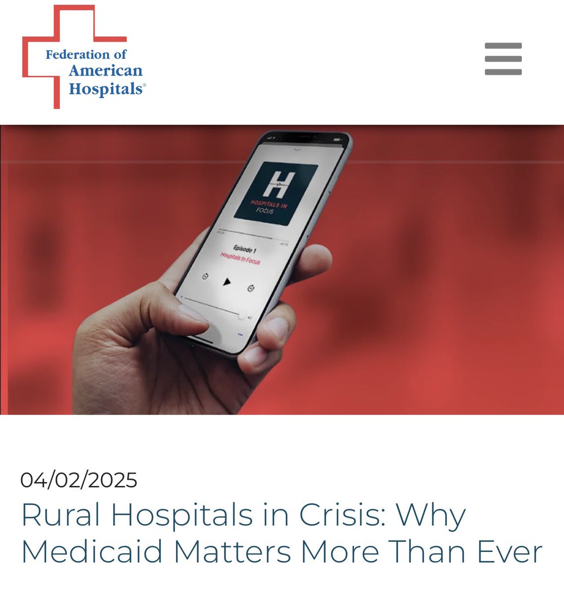 NRHA CEO <a href="/Amorganrural/">Alan Morgan</a> recently appeared on the <a href="/FAHhospitals/">Federation of American Hospitals</a> podcast hosted by <a href="/chipkahn/">Chip Kahn</a> to explore the impacts of Medicaid cuts on rural hospitals and what is at stake for patient care if lawmakers fail to protect these institutions. Listen: fah.org/podcasts/rural… #ruralhealth