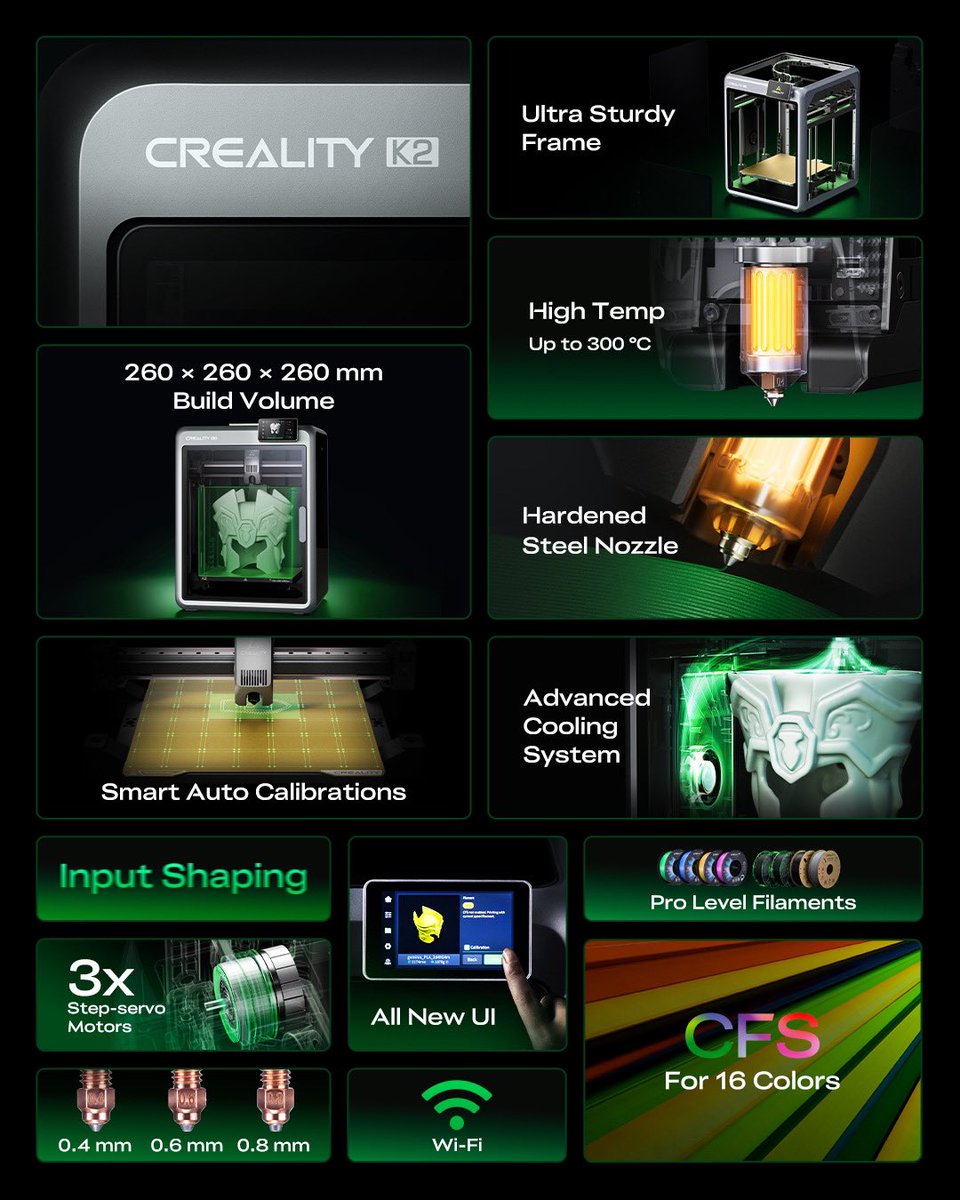 Creality3dP's tweet photo. Here's a brief intro to multicolor #3Dprinter K2 Series, which is all you need.
🔧 Build Volume & Advanced Hardware
🎯 High Performance & Print Quality
🧠 Smart Features & User Experience
 
Thanks for celebrating the #Creality11thAnniversary with us! 🥳
 
#creality #CrealityK2 #CrealityK2Pro #tomakersbymakers #iamamaker #3dprinting #multicolor