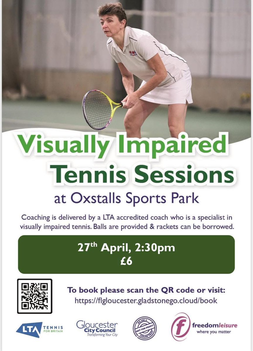 A great opportunity for those with visual impairments to try out tennis!

Bookings via the link below:
flgloucester.gladstonego.cloud/book