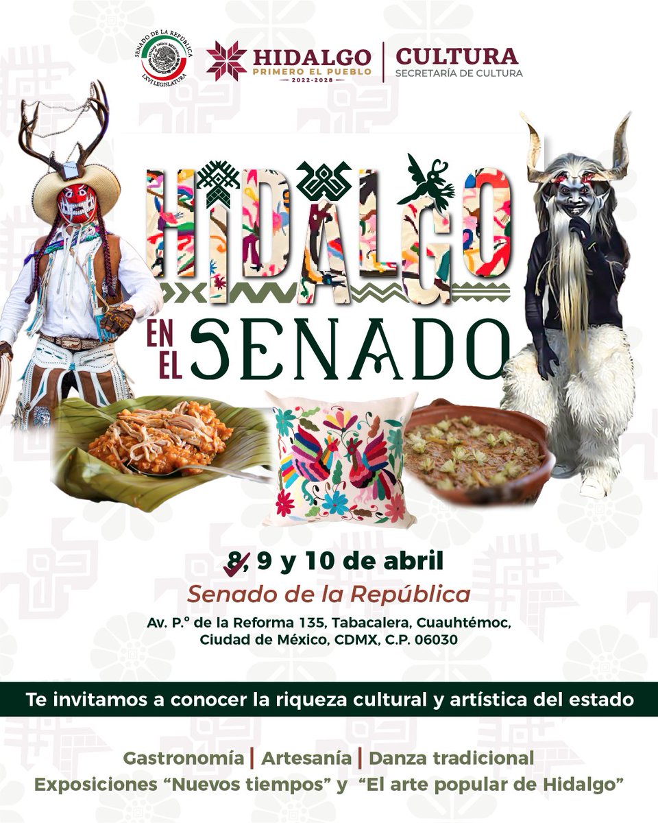 #Hidalgo se muestra en el panorama nacional con su cultura y arte. 👺🎨

Hidalguenses y residentes de la #CDMX, no se pierdan la oportunidad de conocer y ser parte de la magia y tradiciones de nuestro estado durante estos días en el <a href="/senadomexicano/">Senado de México</a>. 🎶🥘

📌 ¡Visítenla!
