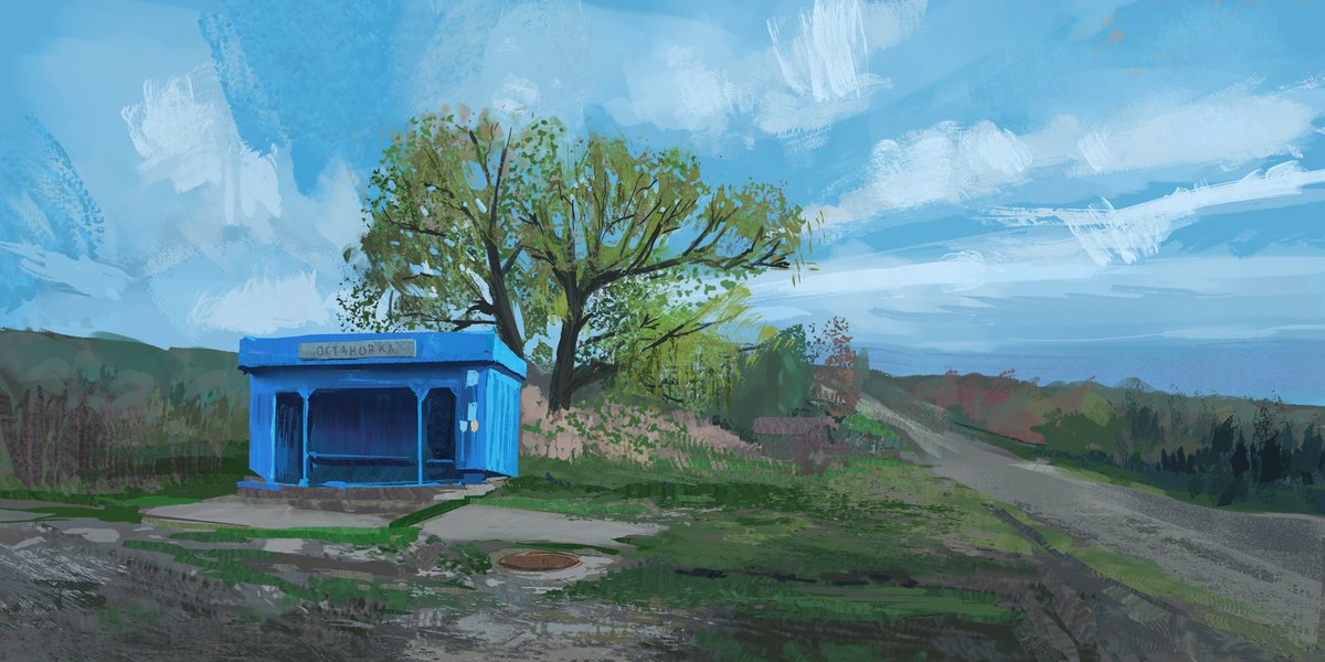 wandellow's tweet photo. Day 5 Back to #pleinairpril I was a bit busy so had to take a pause #illustration #artistsontwitter #painting #artlife #sketchaday #environment #artgram #colorstudies #cgart #dailysketch #nopleinnogain #pleinair #pleinairpril2025 #road #spring #busstop https://t.co/1erpoq3bjS