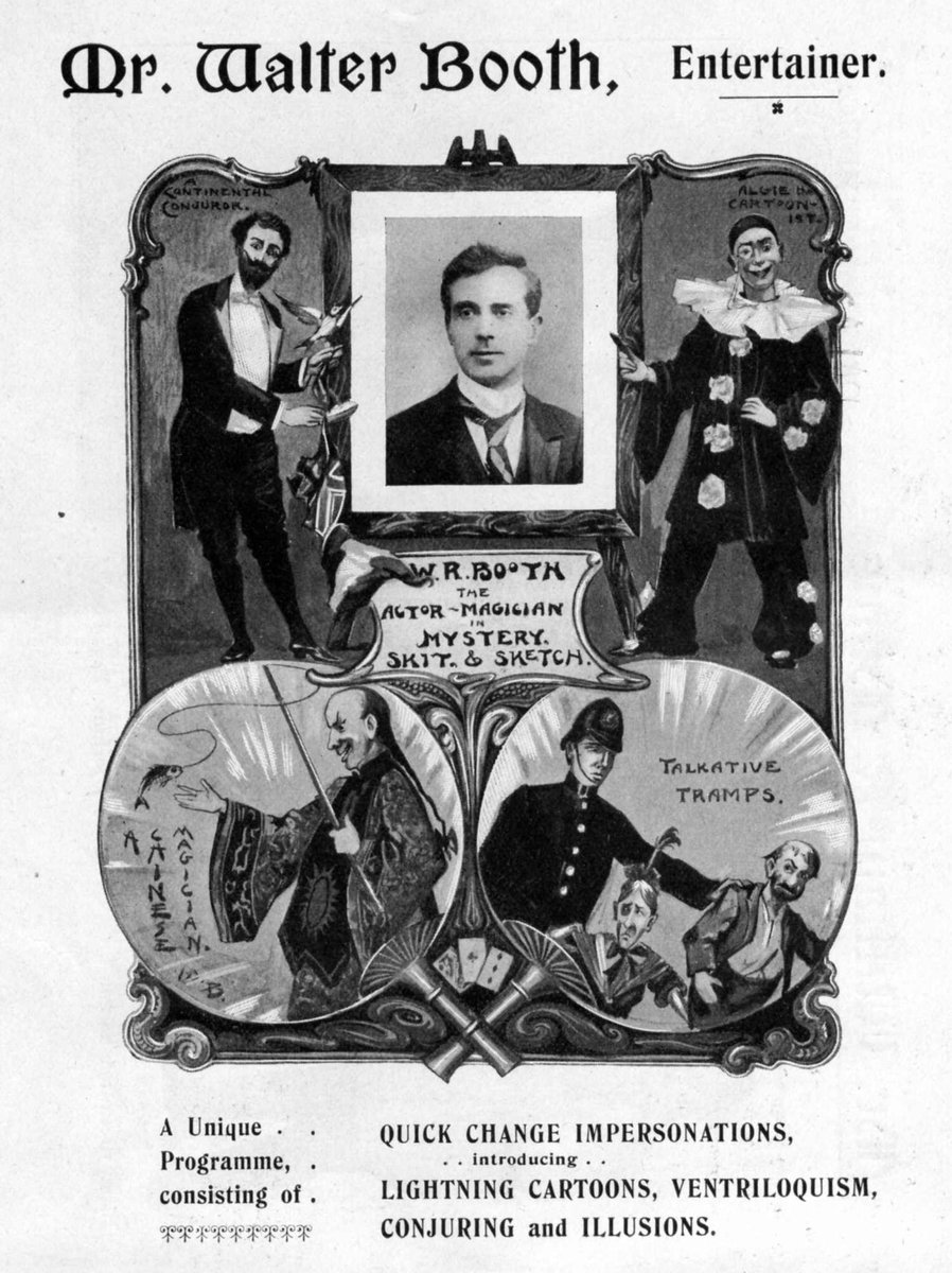 RealPreCinema's tweet photo. 1899
WALTER ROBERT BOOTH (1869-1938)
A magician by gift and profession, Booth produced trick films for Robert Paul in 1899 and later worked for Charles Urban. He forged performances that led to possibly the first British #animatedfilm. #Britishfilmhistiry
A #WalterRBooth advertising flyer below, originally published in a #Maskelyne and Cooke Entertainment Bureau brochure, circa 1890, during his magician days. Image The Davenport Collection.