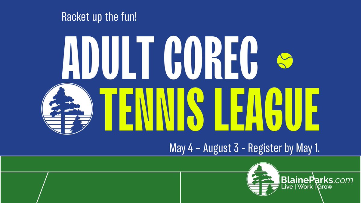 Blaine’s Adult CoRec Tennis League is back!
Ladder-style format, flexible scheduling, and prizes for top finishers.
 No separate men’s/women’s leagues this year.
 May 4–Aug 3
 Register by May 1
 763-785-6164 or bit.ly/3FWoqIz 
 $25 res / $30 non-res
#BlaineMN