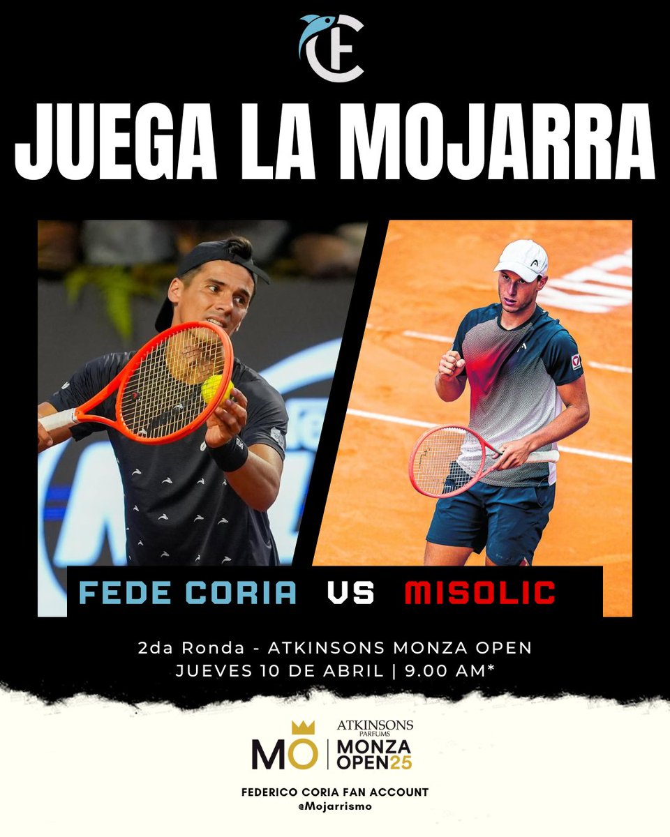 Mojarrista (@mojarrismo) on Twitter photo 🔥 QUE MAÑANA CUESTE LO QUE CUESTE
En busca de los cuartos en suelo italiano, mañana juega Fede 🐟 la 2da Ronda
📍 Monza 🇮🇹
🏆 Atkinsons Monza Open
🏟 Center Court
⚔️ 2da Ronda
🆚 Filip Misolic 🇦🇹
⌚️ 9.00 hs (aprox)
📺 Challenger TV
👊🏼 Forza <a href="/fedeecoria/">fede coria</a> 🐟 🔥 QUE MAÑANA CUESTE LO QUE CUESTE
En busca de los cuartos en suelo italiano, mañana juega Fede 🐟 la 2da Ronda
📍 Monza 🇮🇹
🏆 Atkinsons Monza Open
🏟 Center Court
⚔️ 2da Ronda
🆚 Filip Misolic 🇦🇹
⌚️ 9.00 hs (aprox)
📺 Challenger TV
👊🏼 Forza <a href="/fedeecoria/">fede coria</a> 🐟