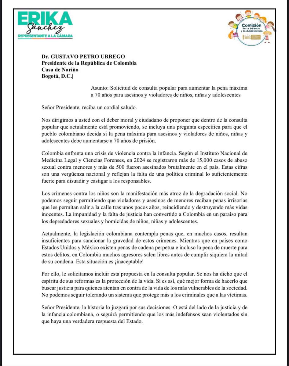 UltimaHoraCR's tweet photo. #POLÍTICA La representante a la Cámara Erika, Tatiana Sánchez, radicará ante el DAPRE una carta firmada por 30 congresistas con la que piden al presidente Gustavo Petro incluir en la consulta popular una pregunta para que los ciudadanos decidan si la pena máxima para asesinos y violadores de niños debe aumentarse a 70 años de prisión.