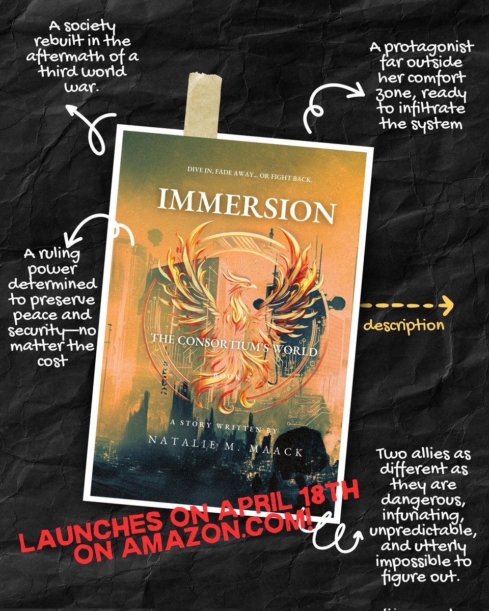 Immersion ( Consortium's World)
Genre: Sci-Fi dystopian Romance
Mission Launch: April 18th on Amazon.com
Read. Comment. Share.
Where are the sci-fi &amp; romance fans?
Details: nataliemaack.wordpress.com/consortiums-wo…

#books, #scifi, #Passion, #bookrelease