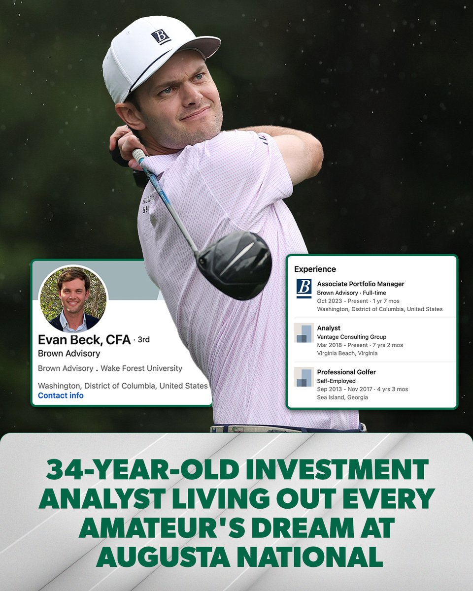 PGATOUR's tweet image. Meet Evan Beck, an investment analyst and one of five amateur golfers playing in @theMasters.
 
Beck played collegiately at Wake Forest before turning pro where he competed on the @KornFerryTour. He left golf in 2018 to become an analyst for an investment group.
 
After returning…
