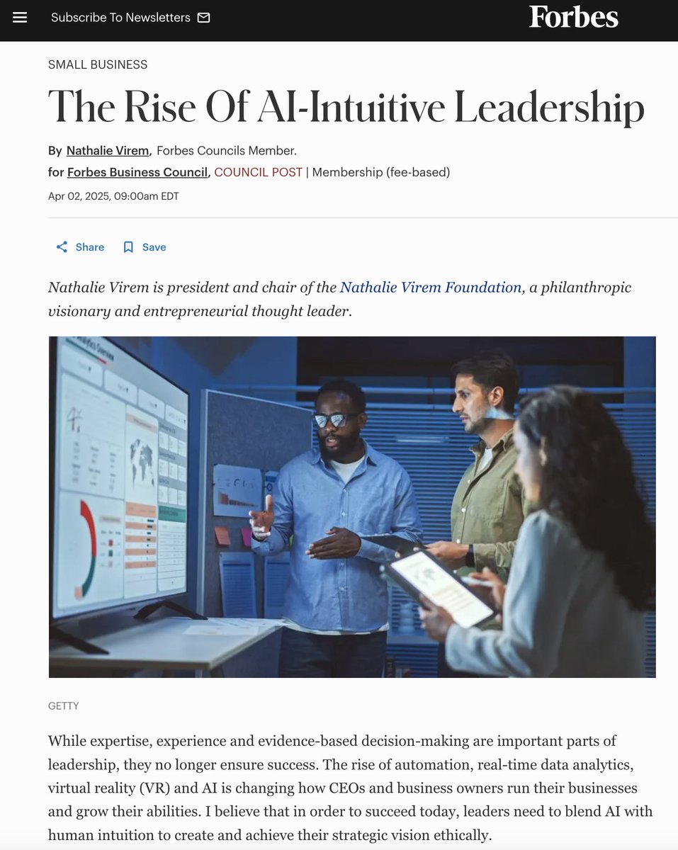 🙏 Grateful to have my piece featured by <a href="/ForbesBizCncl/">Forbes Business Council</a>. In “The Rise Of AI-Intuitive Leadership,” I show that true #leadership balances analytical proficiency with intuitive discernment. 👉 forbes.com/councils/forbe…

#AI #Innovation #Forbes #TechTrends #sustainability