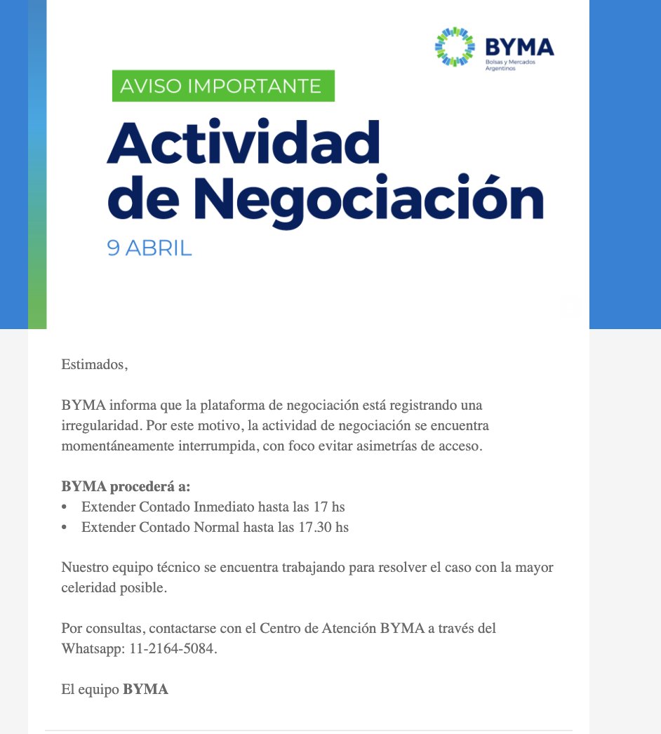 ECOvaloresALYC's tweet photo. 📢 AVISO IMPORTANTE: se extiende rueda de Contado Inmediato hasta las 17hs y Contado Normal hasta las 17:30hs en el mercado BYMA https://t.co/CJG9VrkNJE