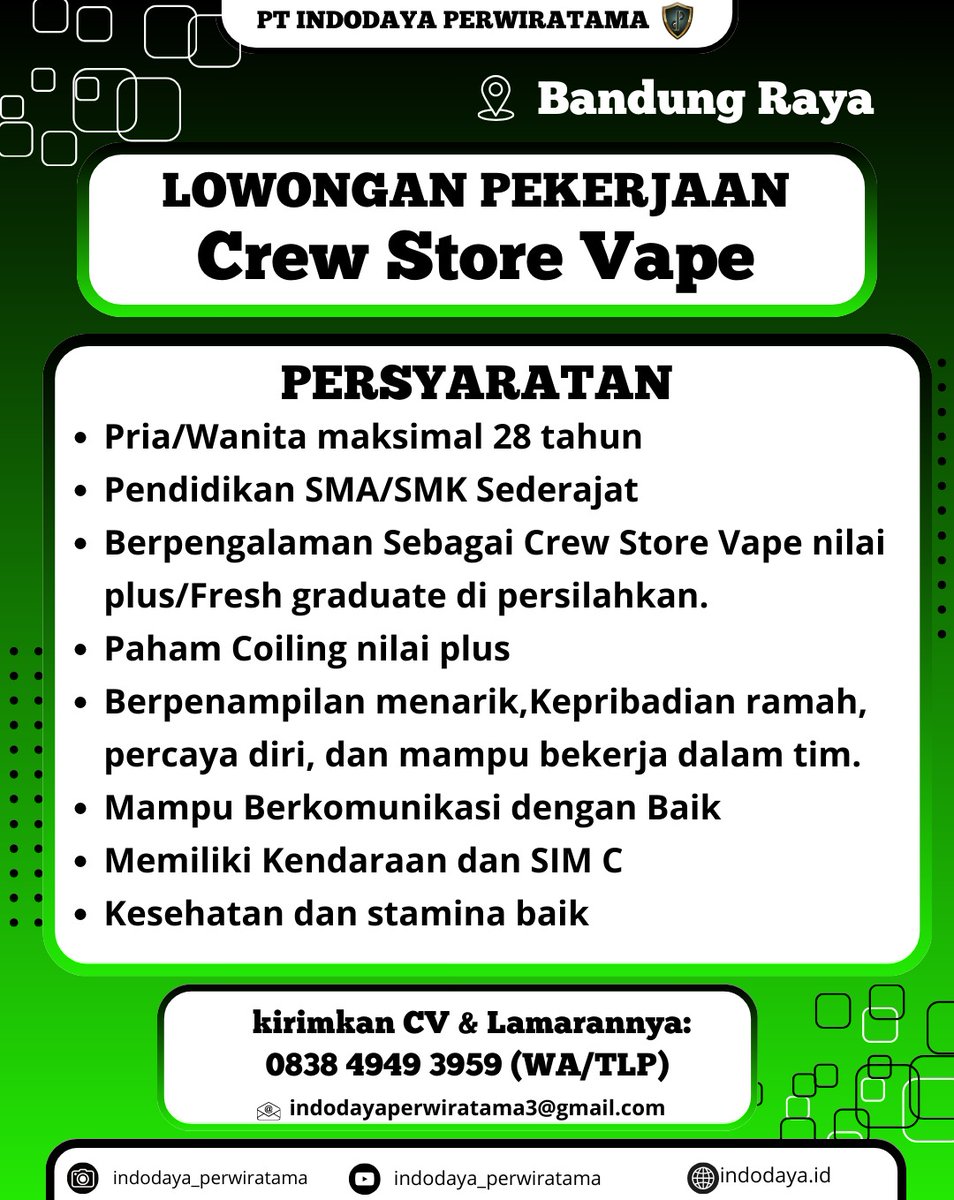 brgkali minat.. cukup kirim cv k no 0838 4949 3959 tanpa biaya admin.. inshaallah amanah.. 🙏🏻🙏🏻
Penempatan BDG RAYA

#Info #loker #lowongan #kerja #satpam #security  #GratisTanpaBatas #semuaorang #SEGERA #Tanpa #Biaya #Admin #InshaAllah #amanah #Bandung #vape #store #toko #Kota
