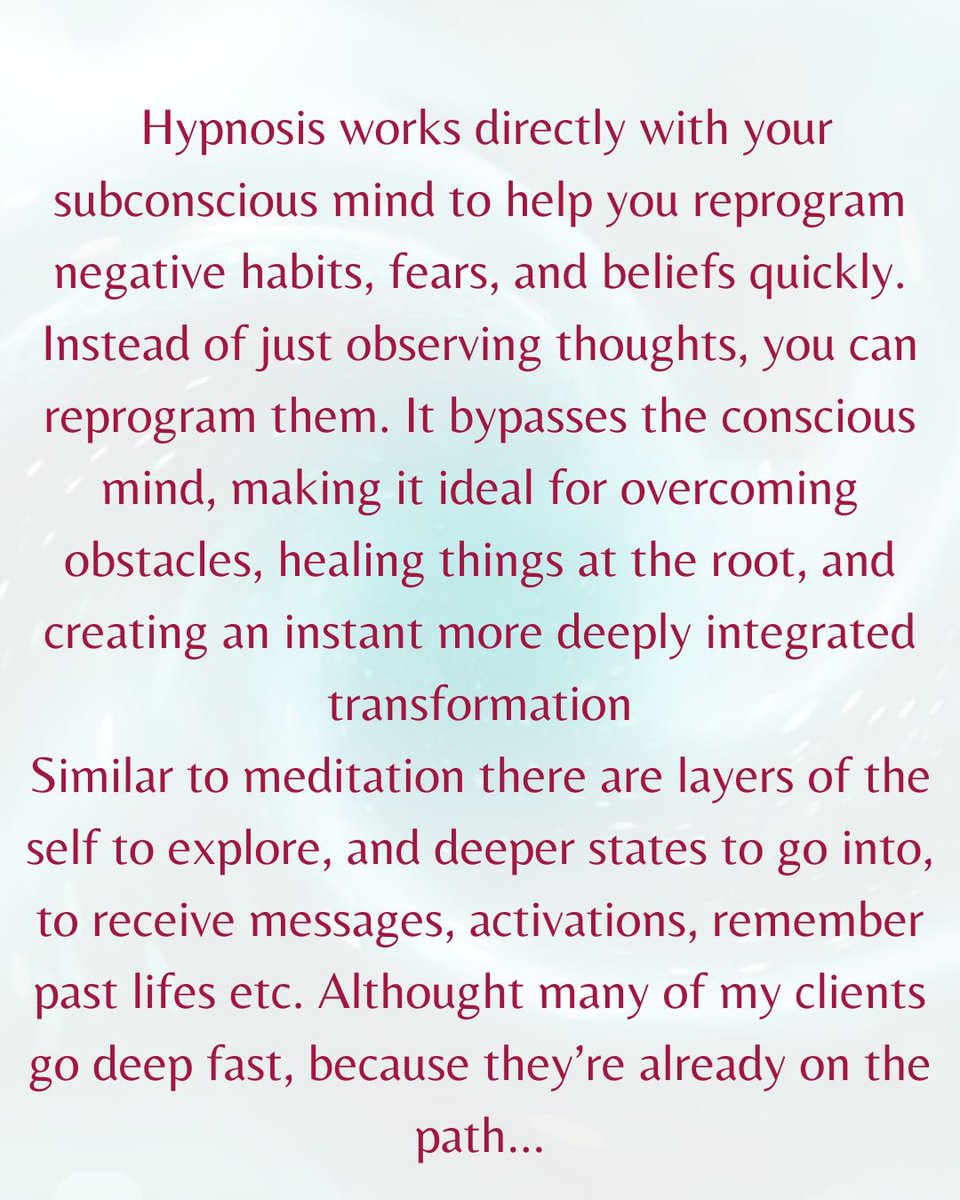 AlieonaRiley's tweet photo. Hypnosis = rapid transformation- anxiety, depression, releasing negative thought patterns, breaking bad habits, spiritual growth, or even pain management- If you’re looking for immediate relief or instant connection the spiritual realms, guides, higher self and Quantum Healing. https://t.co/LLNAUkR9eD