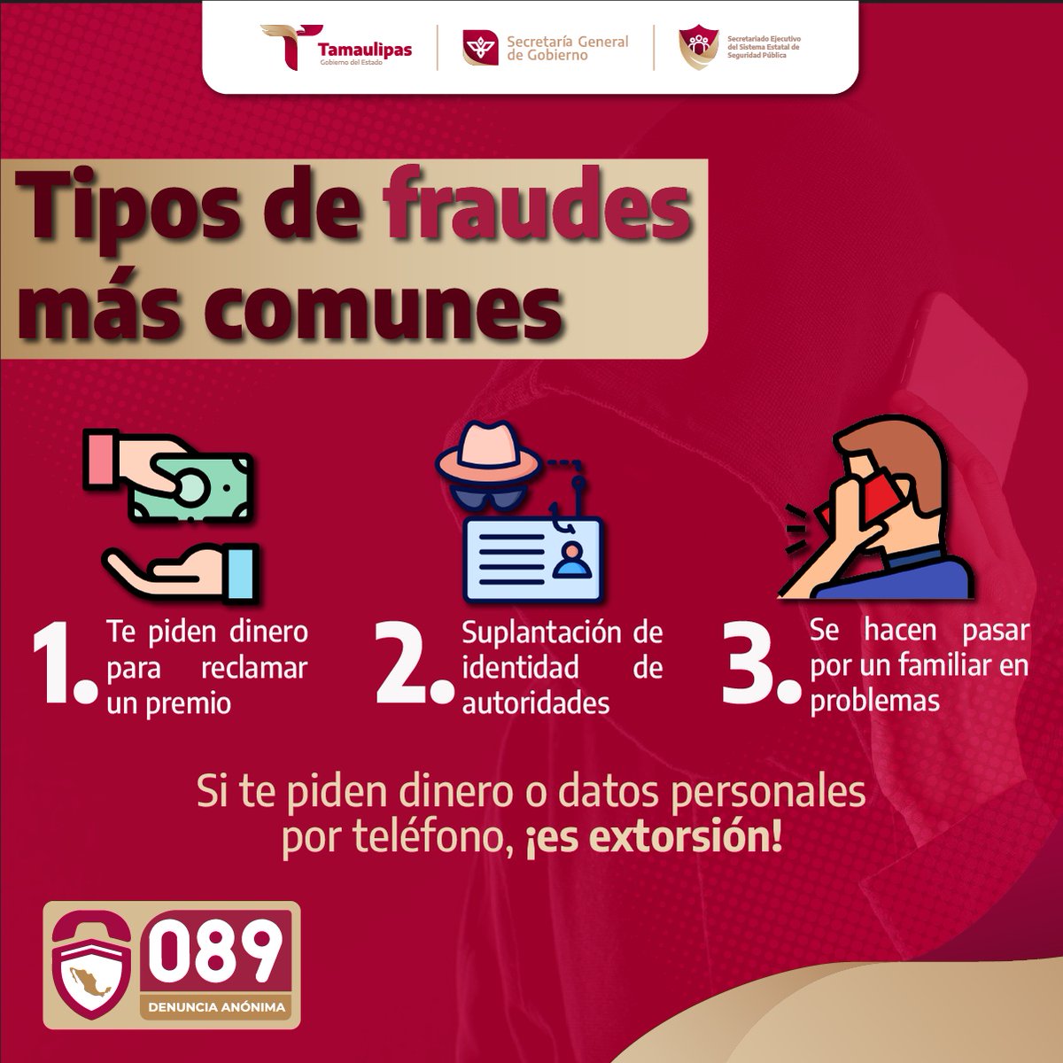 ¡No calles, denuncia! 📢

Si eres testigo de un delito, marca el 089. Es anónimo, seguro y puede salvar vidas.