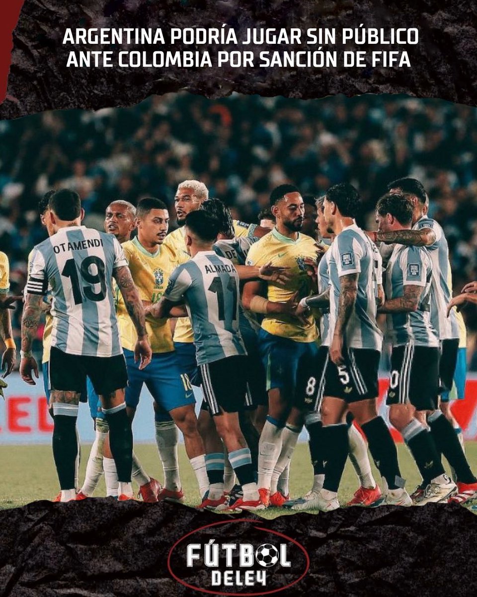 Lizzyau1's tweet photo. ⚽️ | La Selección #Argentina 🇦🇷 podría jugar su próximo partido como local, ante Colombia, a puertas cerradas😳. La #FIFA abrió un expediente contra la AFA por los cantos discriminatorios y homofóbicos entonados por los hinchas durante el duelo ante #Brasil🇧🇷 en el Monumental.🏟️ https://t.co/oqgy51mecF