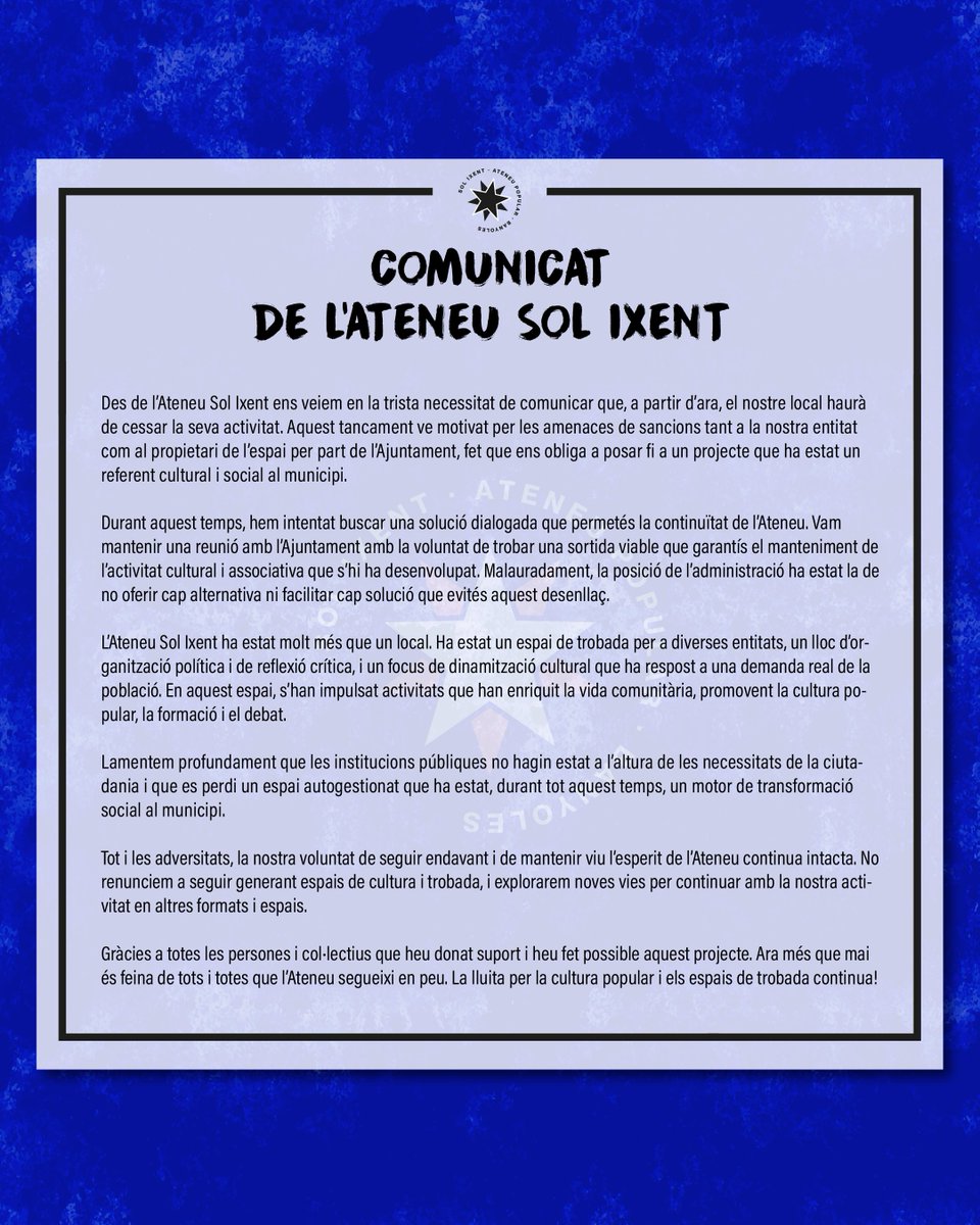 ateneusolixent's tweet photo. Comunicat de l'Ateneu Sol Ixent https://t.co/cGBSIdshjq