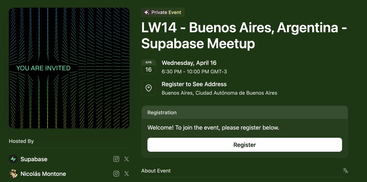 montonenico's tweet photo. Miércoles 16 de abril los veo a todos en la GRAN @supabase Meetup en Buenos Aires

Gracias a @gaspihabif por ayudarme a co-hostear esta meetup 

Y gracias a nuestros amigos de @paisanos_io por el lugar 🫶

Va a haber comida y grandes tech talks acerca de Supabase comenzando con una increíble charla de Pool de Conexiones que va a dar @markerdiaz (el mejor que conozco) 💚

Sumaremos alguna charlita más 😈

Los veo ahí!!! 👇🔗