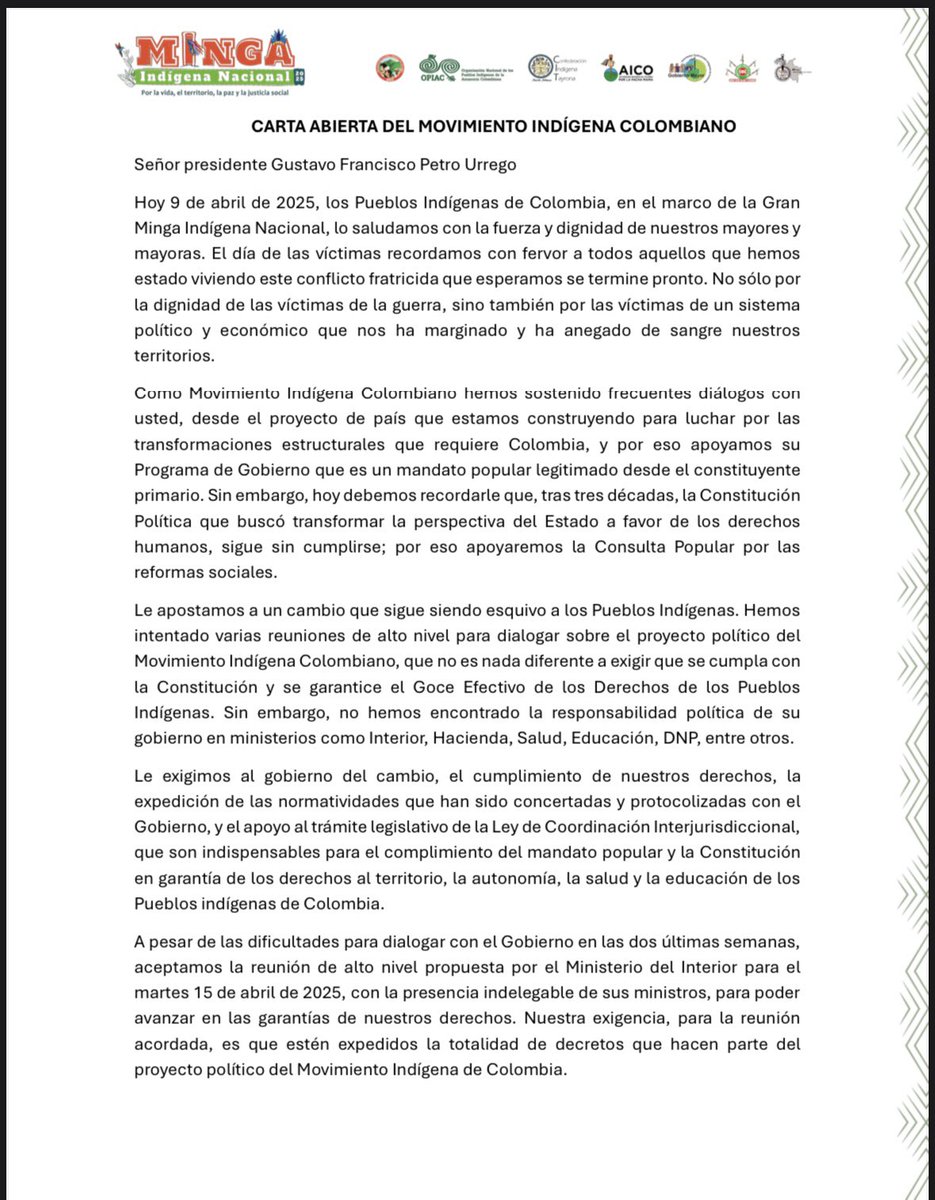 Hoy, 9 de abril, en el Día de las Víctimas, el Movimiento Indígena Colombiano exige al Gobierno del Cambio el cumplimiento de sus compromisos con los Pueblos Indígenas. ¡Por los derechos, la autonomía y la vida de nuestros territorios! 

Tras décadas de lucha, seguimos