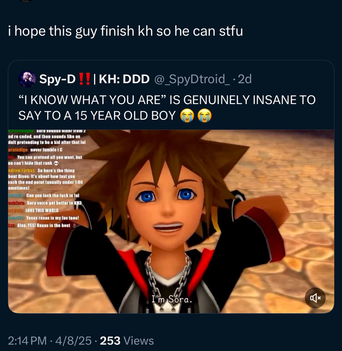 _SpyDtroid_'s tweet photo. Sorry to disappoint, but I think I’ll continue to take my time with these games 😭 I find it so weird and confusing that some people have such a huge problem with me simply tweeting about my experience playing Kingdom Hearts 😭 nothing is ever this serious bro https://t.co/DPGgR4hvy6