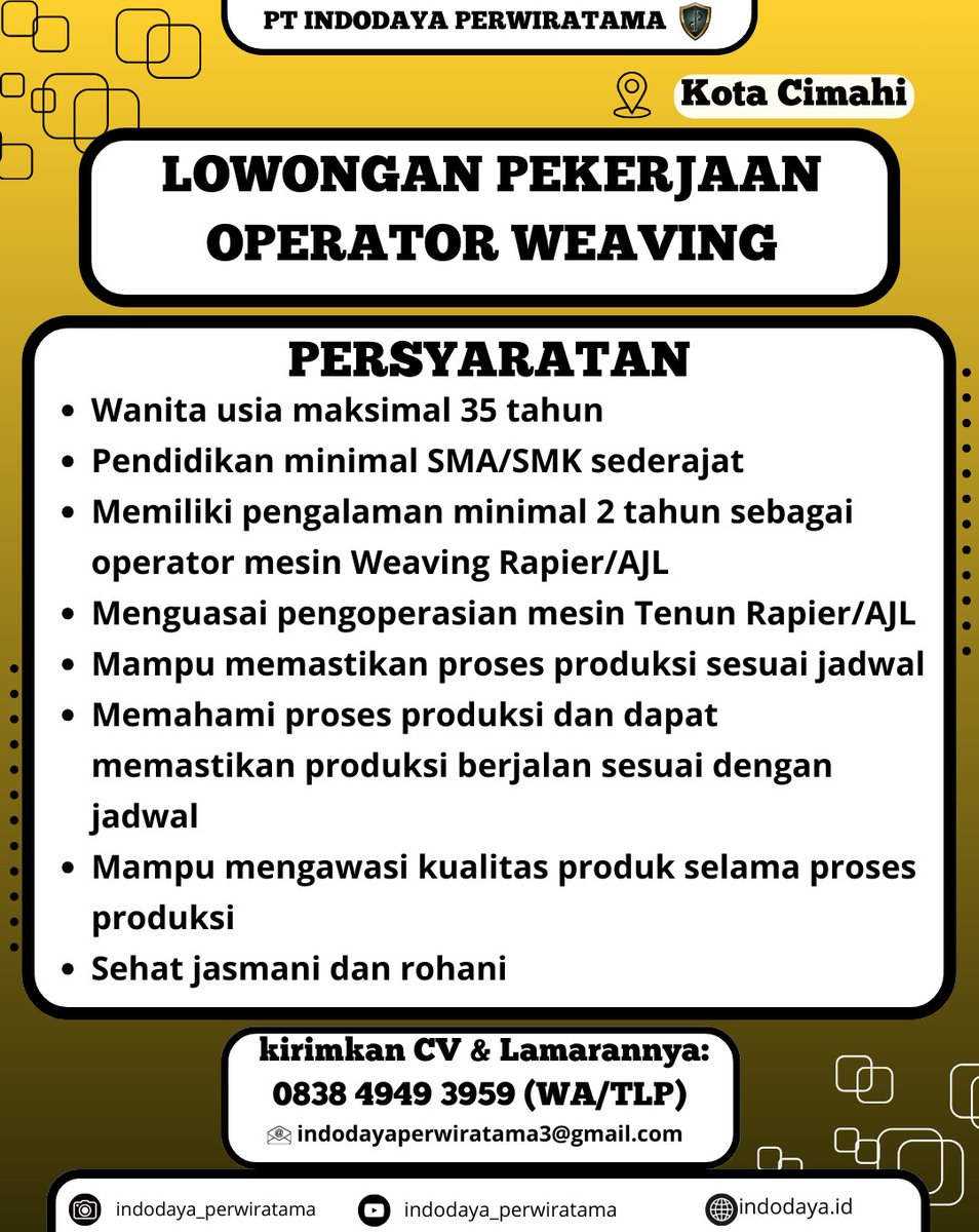 brgkali minat.. cukup kirim cv k no 0838 4949 3959 tanpa biaya admin.. inshaallah amanah.. 🙏🏻🙏🏻
Penempatan CIMAHI

#Info #loker #lowongan #kerja #satpam #security #karawang  #GratisTanpaBatas #semuaorang #SEGERA #Tanpa #Biaya #Admin #InshaAllah #amanah #cimahi #Bandung #PERSIB