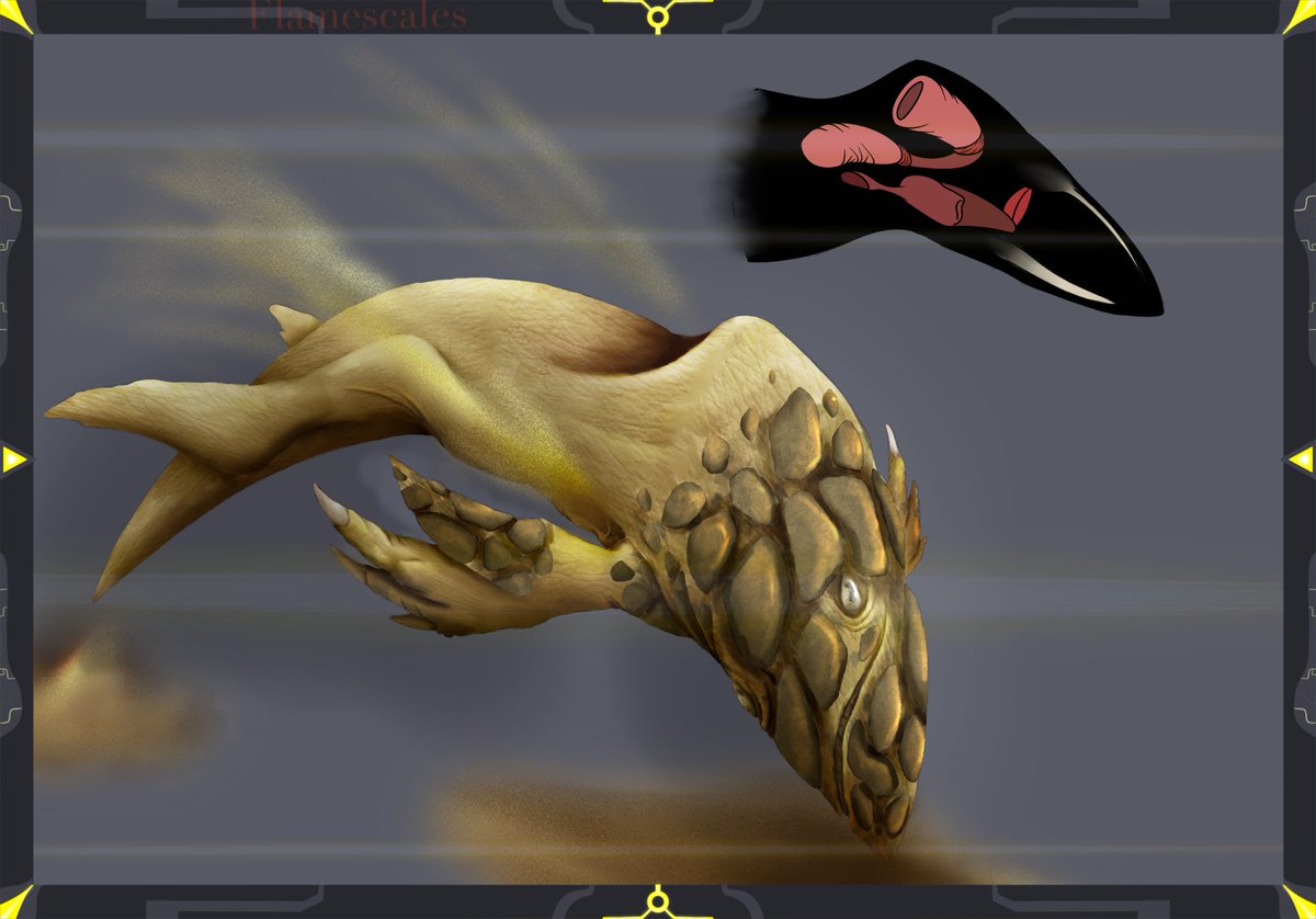 Meet the Sermis. Scavengers that tunnel through the sand via a large jet on their back and a build up of rock like calluses

#aliens #art #speculativebiology #speculativeevolution #alienart