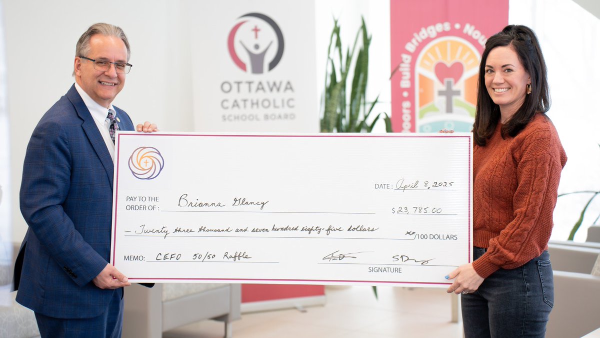 OttCatholicSB's tweet photo. 🎉 Thanks to your generosity, the #CEFO 50/50 raffle raised $47,575! Congrats to winner Brianna Glancy, a parent at @StCeciliaOCSB who took home $23K! The other half is already at work supporting OCSB students through CEFO programs. 🔗https://t.co/TAWNFFz1ul #ocsbBeCommunity https://t.co/05zZb0JJ0C