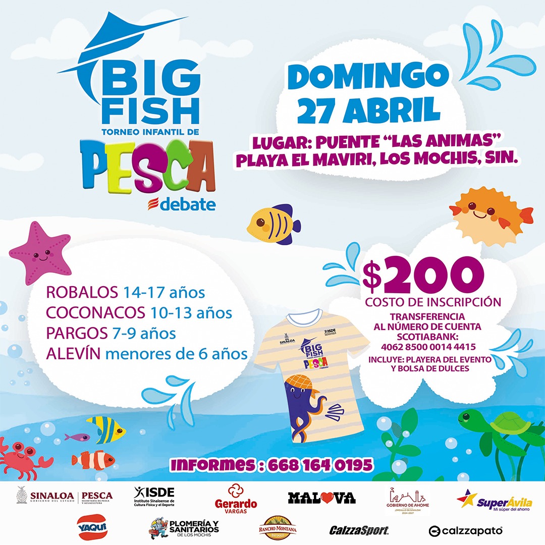 bigfishpesca's tweet photo. Este 27 de abril, en #LosMochis, los pequeños tendrán una cita imperdible: Torneo Big Fish 2025, organizado por Grupo EL DEBATE, en puente Las Ánimas, en playa El Maviri,
#Pescadeportiva
Visita https://t.co/pgdwUr2srn https://t.co/Rqdl2IK9Fh
