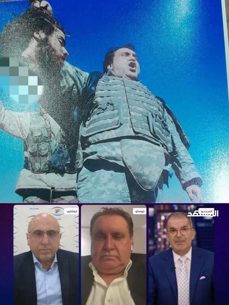 تخيلوا أن هذا المجرم الذي يحمل رؤوس السوريين بعد قطعها تستضيفه القنوات الإماراتية ليبرر جرائمه في قتل مئات المدنيين ورجال الأمن