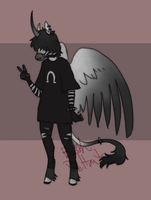 A digital illustration of an anthropomorphic unicorn. They are skinny with bangs covering their eyes, and they are holding up a hand giving a peace sign. They have wings and are wearing all black clothing.