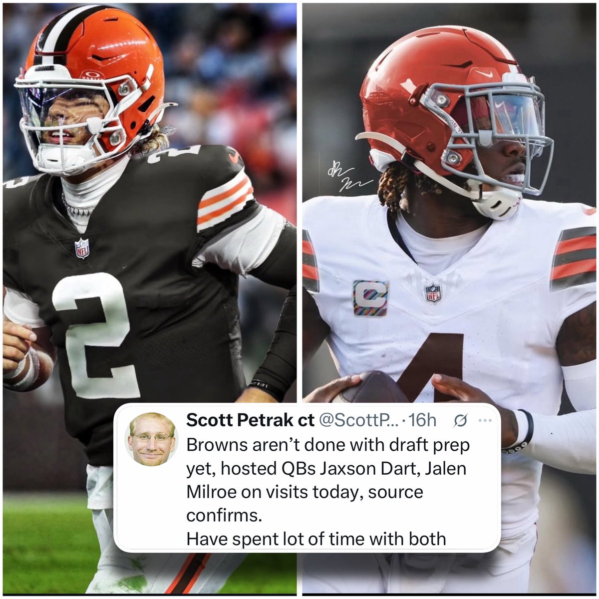 BrownsTailgate's tweet photo. Yesterday the Browns hosted QBs Jalen Milroe, Jaxson Dart and Tyler Shough for visits. Could a late 1st or second round QB be the future of the Browns? https://t.co/jZwiEA8MCv