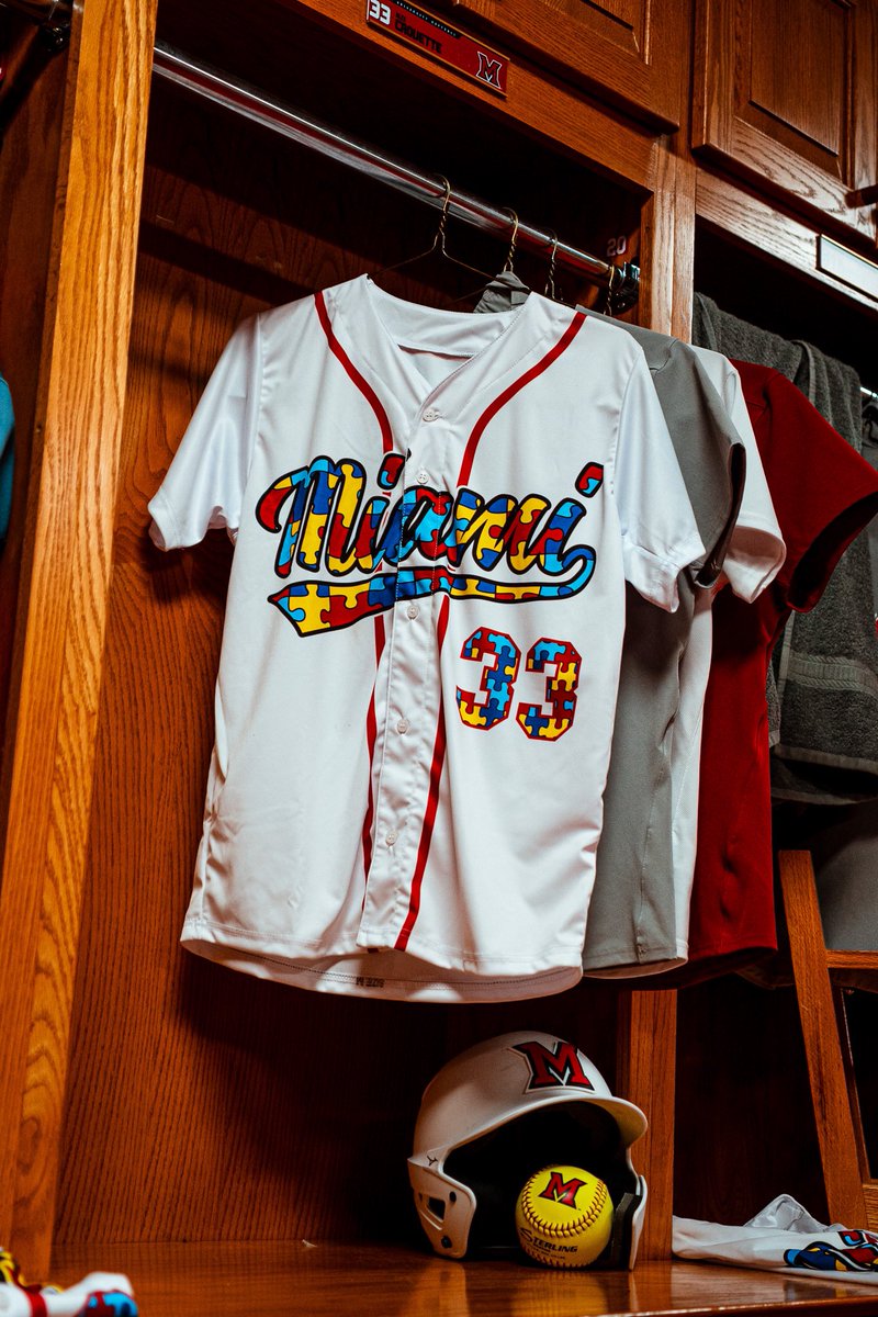 MiamiOH_SB's tweet photo. The RedHawks will be dressed to honor Autism Awareness in custom jerseys for today’s game against Butler!

#RiseUpRedHawks https://t.co/tRgJQeh57c