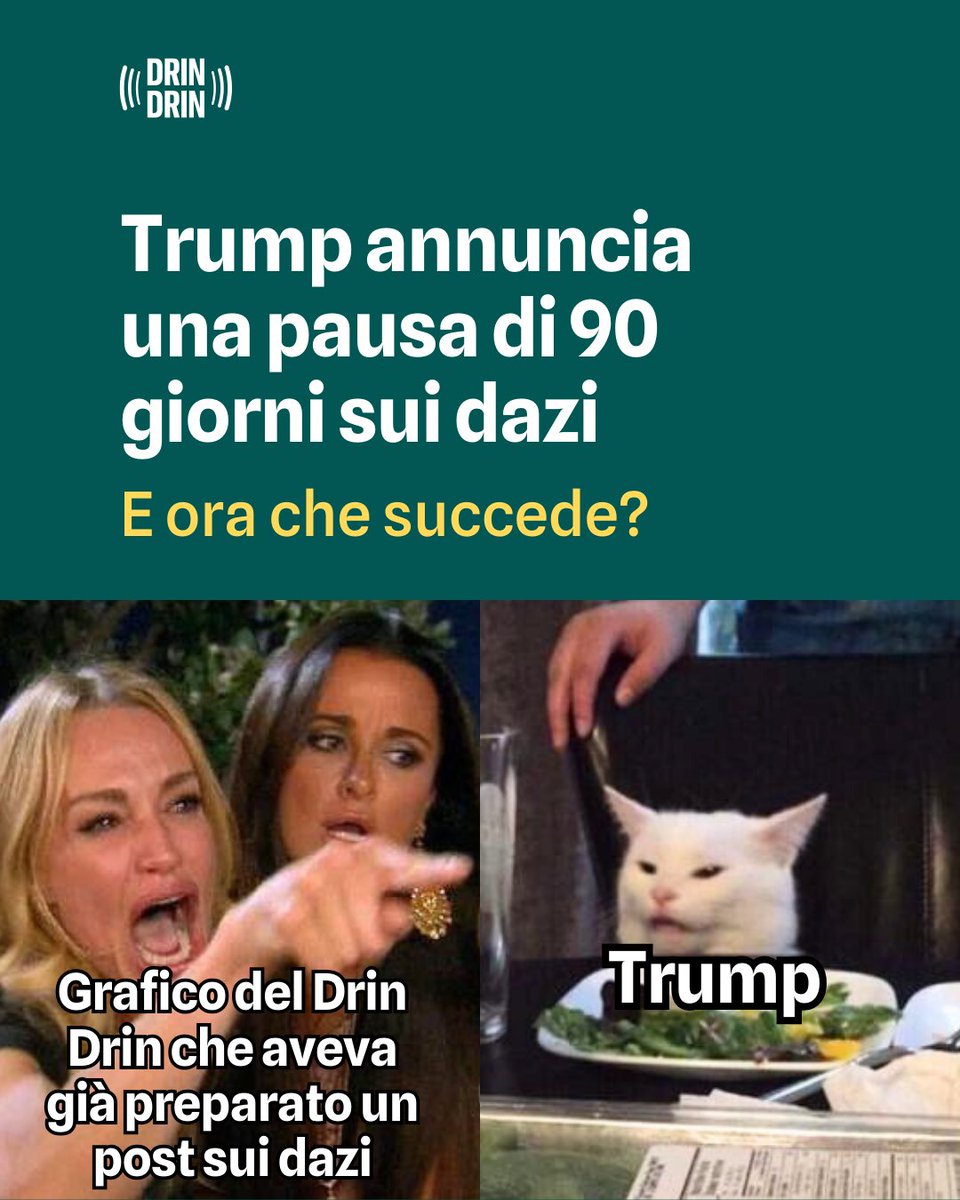 ora_italia's tweet photo. Trump non ha spiazzato solo il nostro grafico: ha colto di sorpresa il mondo intero, annunciando dazi al 125% contro la Cina e, per gli altri Paesi disposti a trattare, una tregua di 90 giorni accompagnata da dazi provvisori ridotti al 10%. Un comportamento caotico, che rivela tutta l’imprevedibilità e l’incompetenza dell’amministrazione americana. Mentre l’America distrugge la sua reputazione globale, l’Europa ha davanti un’occasione storica. A patto che non commetta errori.

Cosa NON fare? Sussidiare le imprese colpite dai dazi.
Significherebbe far ricadere il costo dei dazi sui contribuenti europei, invece che sui consumatori americani. In pratica: l’Europa pagherebbe per salvare Trump dalle conseguenze delle sue scelte.

La via giusta è un’altra. Sfruttare questi 90 giorni per negoziare l’eliminazione dei dazi reciproci, a partire da industria e agricoltura. Aprire i nostri mercati dove le protezioni sono ormai obsolete, facendo leva sul vantaggio per i consumatori europei. E, se necessario, ricordare che anche l’Europa può rispondere con fermezza.

Questa crisi non è solo una minaccia: può diventare un’opportunità di rilancio. Se l’Europa saprà scrollarsi di dosso gli eccessi ideologici che ne hanno limitato la competitività — come il dogmatismo ambientalista o le regolamentazioni paralizzanti — potrà riconquistare un ruolo centrale nello scenario globale. Ha le risorse per attrarre i talenti che stanno lasciando gli Stati Uniti, abbattere le barriere interne e puntare su tecnologie strategiche come il nucleare per rafforzare la propria autonomia. Serve lucidità per ammettere gli errori e determinazione per cambiare rotta.

Noi del Drin Drin continueremo a batterci per un’Europa più forte, più libera e più competitiva. Unisciti alla discussione. Partecipa al cambiamento.