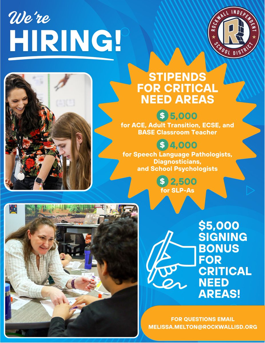 ‼️ We're hiring in CRITICAL NEED AREAS ‼️

📣 Rockwall ISD is looking for special education educators and other critical need roles to join our team! We offer the following incentives for the following areas:

💲5,000 stipend for ACE, Adult Transition, ECSE, and BASE Classroom