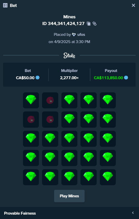 2277x MINES FOR 100 RACKY BALBOAS. <a href="/Stake/">Stake.com</a>