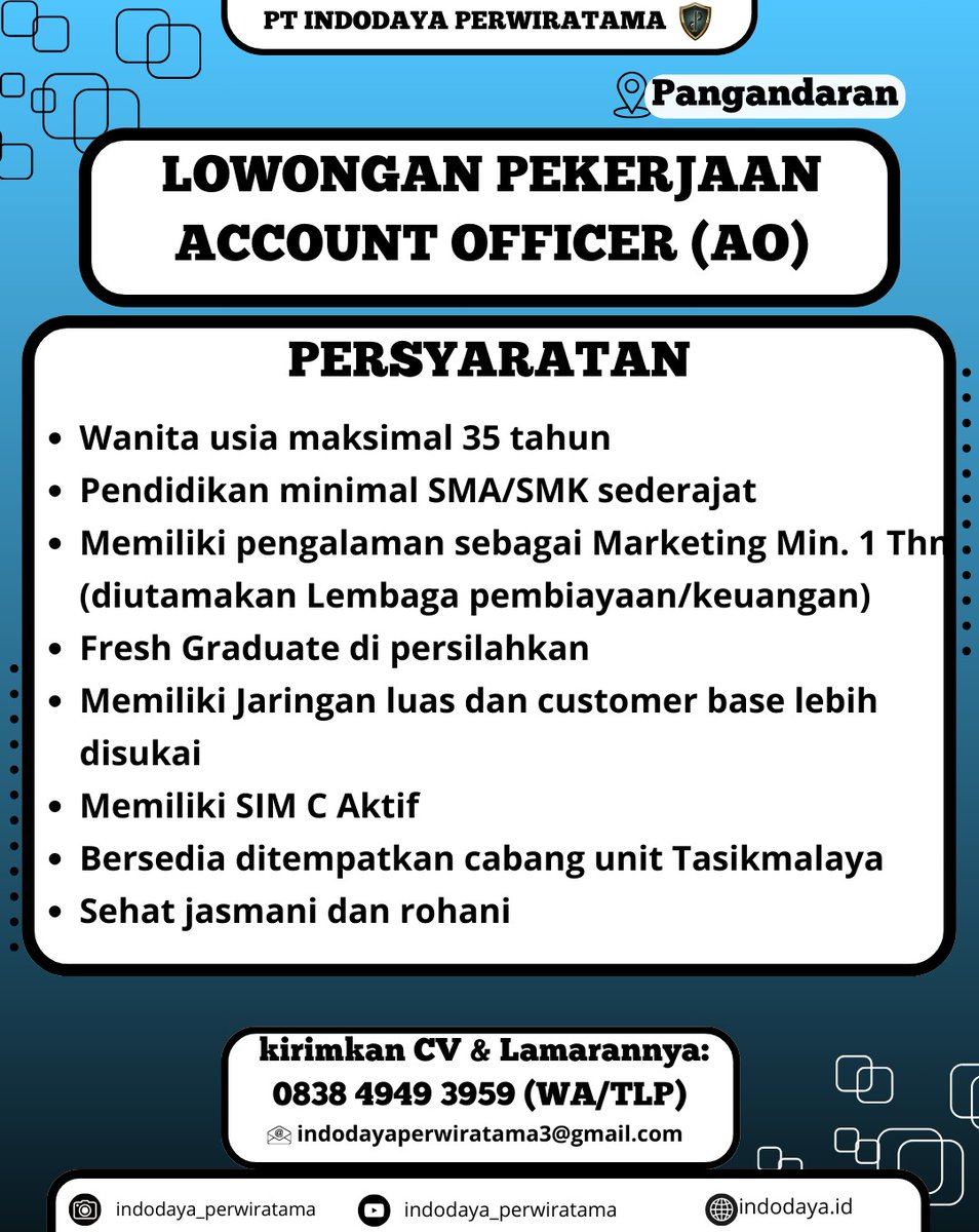 brgkali minat.. cukup kirim cv k no 0838 4949 3959 tanpa biaya admin inshaallah amanah.. 🙏🏻🙏🏻
Penempatan Pangandaran

#Info #loker #lowongan #kerja #satpam #security #panfandaran #GratisTanpaBatas #semuaorang #SEGERA #Tanpa #Biaya #Admin #InshaAllah #amanah #Bandung #PERSIB