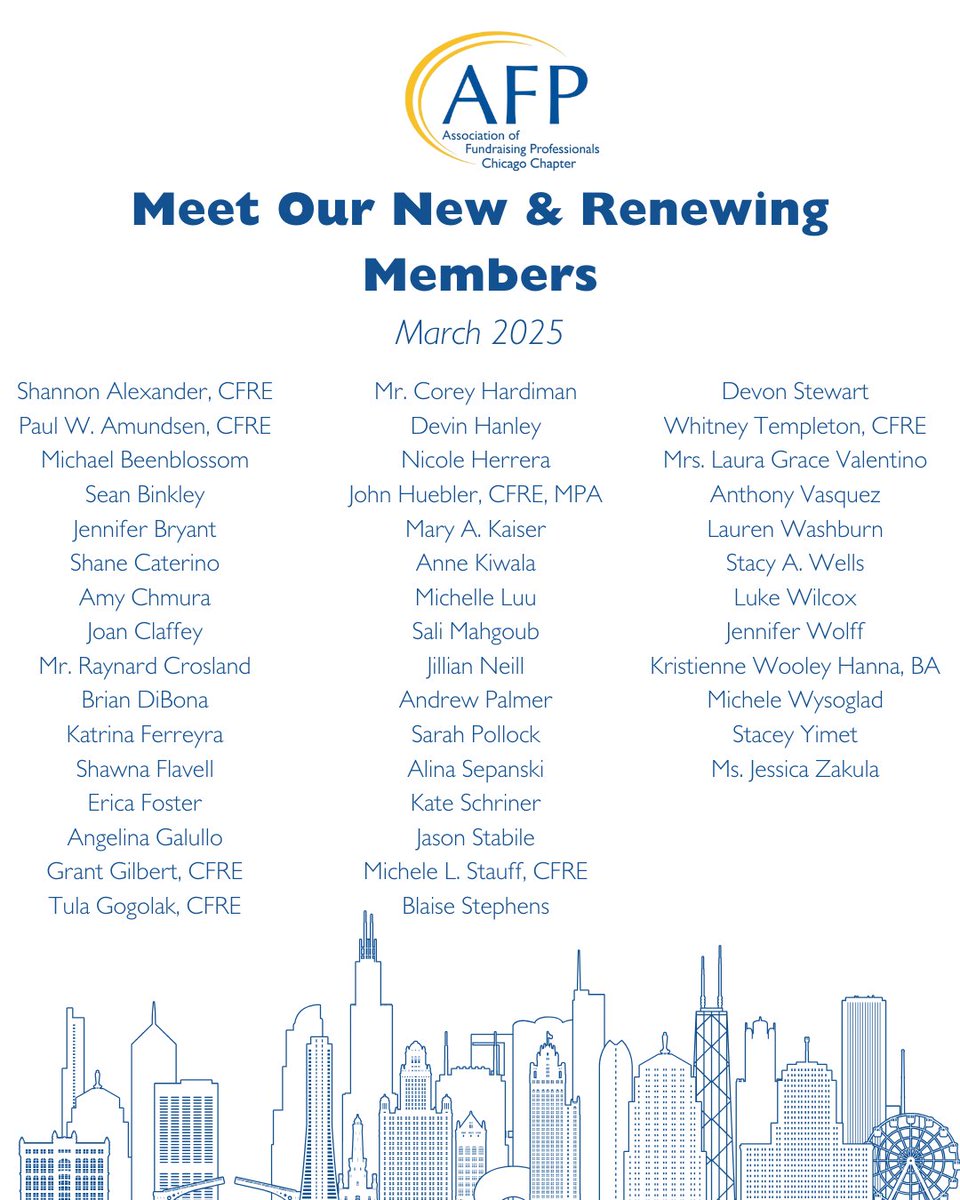 afpchicago's tweet photo. 🌟 A warm thank you to all our new and renewing members of AFP Chicago in March 2025! 🌟

Your commitment to ethical fundraising, community impact, and professional growth helps power our mission and elevate our sector. 

#AFPChicago #ThankYouMembers #FundraisingCommunity https://t.co/kIVkZzWvtR