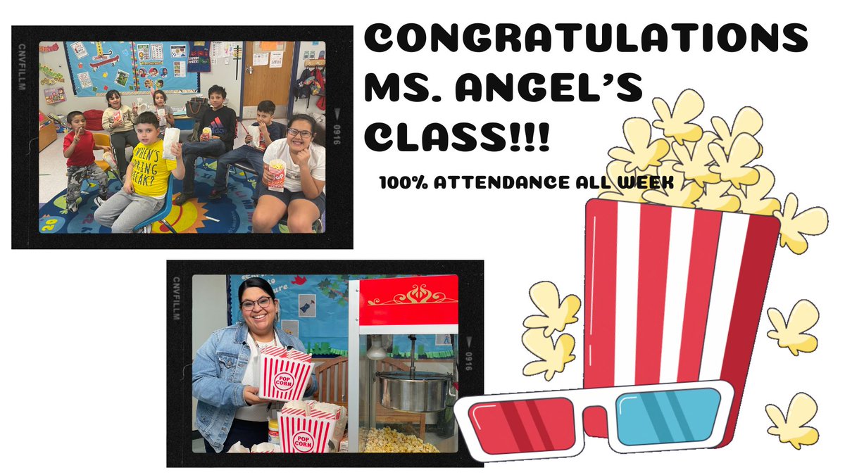 Congratulations to Ms. Angel's class! The whole class had 100% attendance and won a popcorn party!!

We will continue to have a special treat for all the classes who get 100% attendance all week! 
SHOW UP, STAY ENGAGED &amp; SUCCEED! #AttendanceMatters #PophamProud🐼