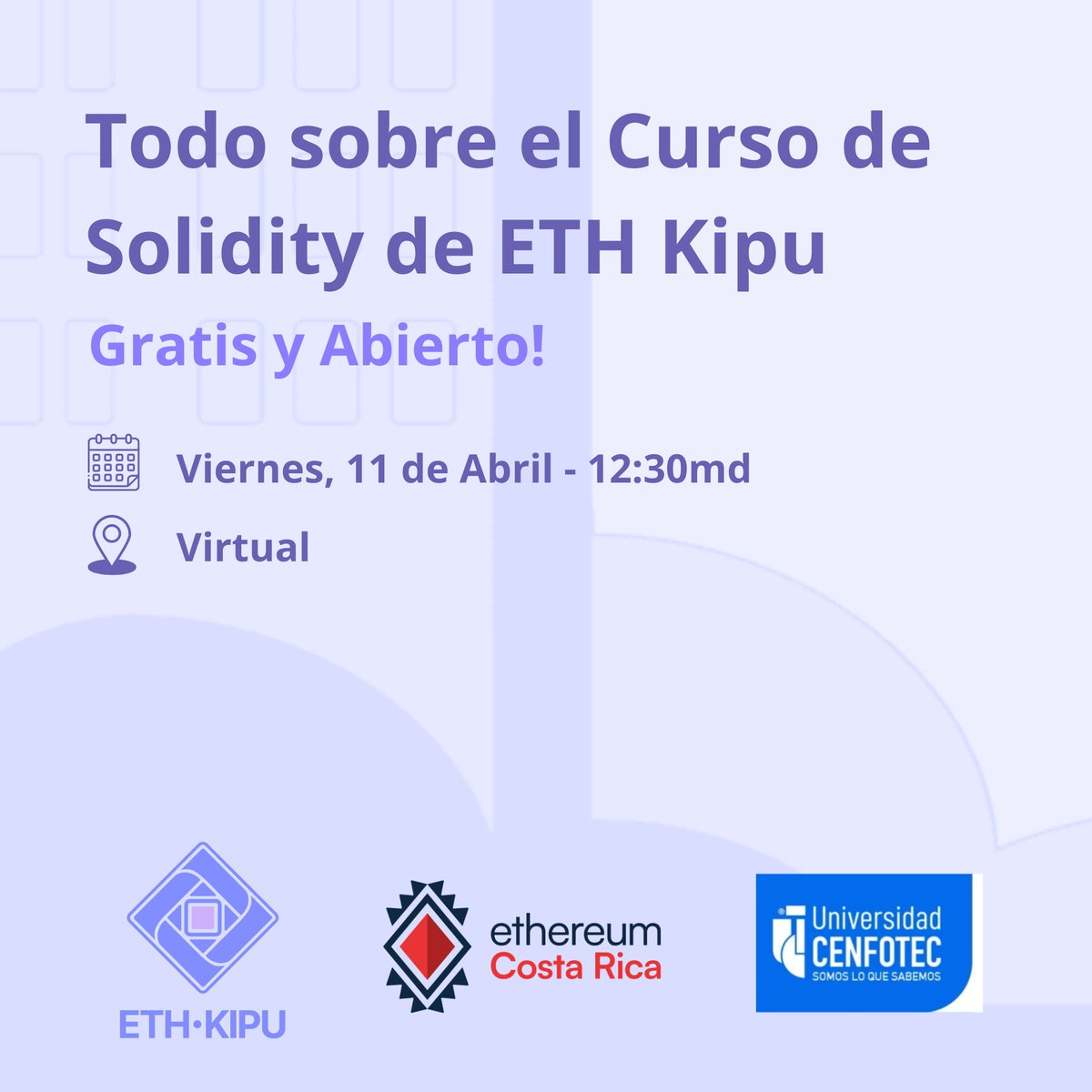 📣 ¡Atención interesad@s en el curso de Ethereum!

Este viernes 11 de abril a las 12:30 md (hora Costa Rica) tendremos la sesión informativa virtual 🧑‍💻

Conoce cómo inscribirte, requisitos y todo sobre el Ethereum Developer Pack.

🔗 Regístrate: hallos.io/event/todo-sob…