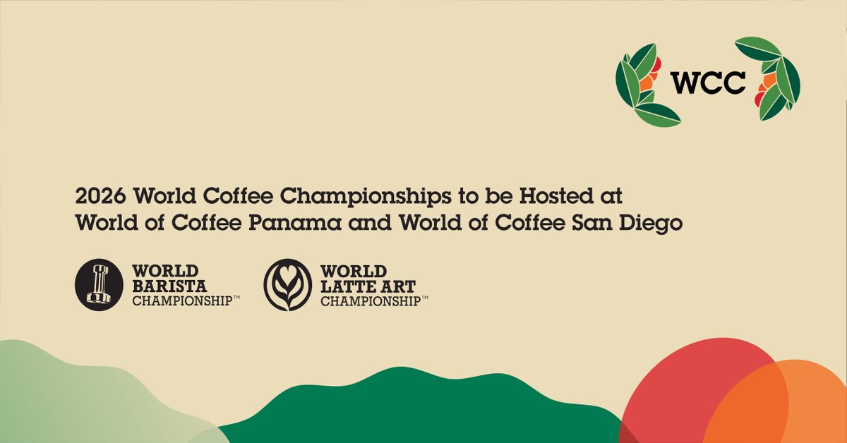 🎉Announcing two 2026 World Coffee Championship Locations! The 2026 World Barista Championship heads to Panama, Oct 23–25, with SCAP &amp; the Chamber of Commerce. WLAC celebrates 20 years at World of Coffee San Diego, Apr 10–12. Stay updated at bit.ly/4htNKm7