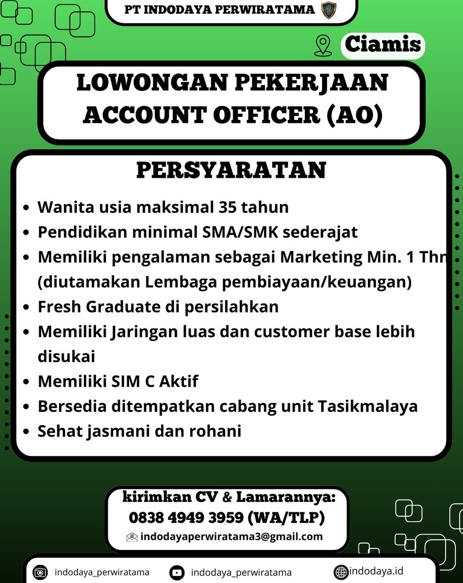 brgkali minat.. cukup kirim cv k no 0838 4949 3959 tanpa biaya admin inshaallah amanah.. 🙏🏻🙏🏻
Area : CIAMIS

#Info #loker #lowongan #kerja #ciamis #gratis #semuaorang #SEGERA #Tanpa #Biaya #Admin #InshaAllah #amanah #bandung #pangandaran #PERSIB #jabar #jawabarat #terbaru