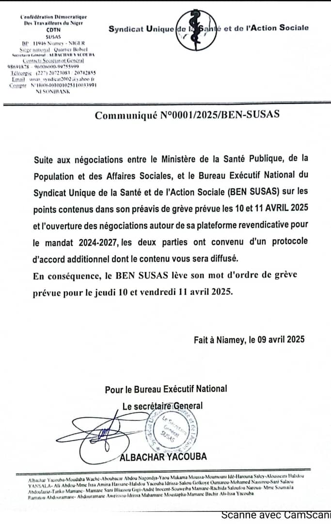 aboubacarybarma's tweet photo. #Niger #Santé
Suite à un protocole d'accord additionnel parvenu ce 09 avril après de nouvelles #négociations avec le ministère de la #SantéPublique, le #Syndicat Unique de la Santé et de l'Action sociale (#SUSAS) lève son mot d'ordre de #grève prévu les 10 et 11 avril 2025. https://t.co/Nq5DVC38pX