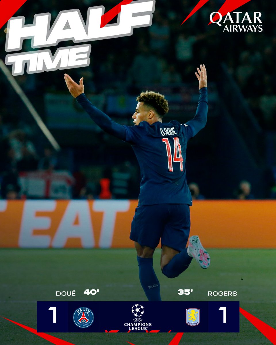 PSG_inside's tweet photo. ⏸️ Retour aux vestiaires sur ce score de 1-1 ! 
Désiré Doué a répondu à l'ouverture du score anglaise.

45 minutes encore à jouer ! 👊

#PSGAVFC I @ChampionsLeague https://t.co/bB7ugez8El