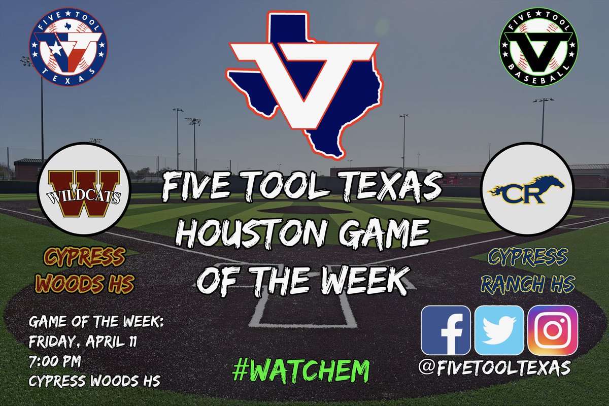 ✭Five Tool Texas✭ (@fivetooltexas) on Twitter photo We will be at Cypress Woods HS, 7:00 PM Friday, April 11, for the…
🚨<a href="/FiveToolTexas/">✭Five Tool Texas✭</a> Houston Game of the Week🚨
Featuring: <a href="/cywoodsbaseball/">Cypress Woods Baseball</a> vs. <a href="/CRanchBaseball/">Cypress Ranch Baseball</a>
#WatchEm We will be at Cypress Woods HS, 7:00 PM Friday, April 11, for the…
🚨<a href="/FiveToolTexas/">✭Five Tool Texas✭</a> Houston Game of the Week🚨
Featuring: <a href="/cywoodsbaseball/">Cypress Woods Baseball</a> vs. <a href="/CRanchBaseball/">Cypress Ranch Baseball</a>
#WatchEm